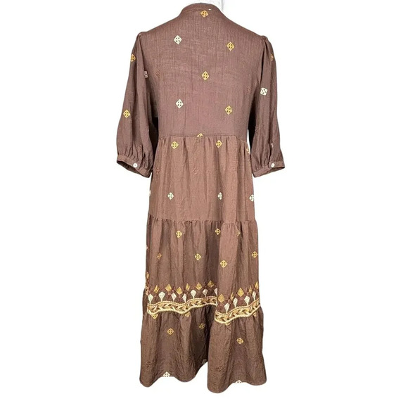 Fig & Flower Anthropologie Embroidered Tiered 3/4 Sleeve Dress Size Medium - Picture 2 of 8